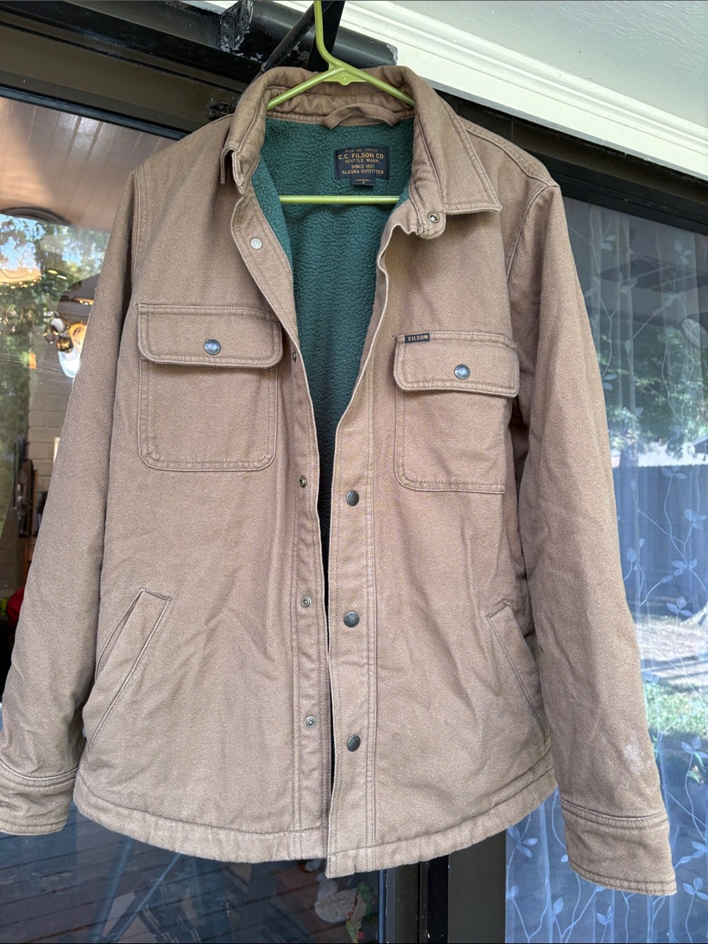 Filson Tan Field Jacket with Green Fleece Lining